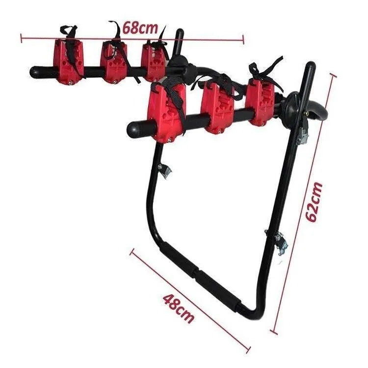 Black and red iron frame car bike rack for trunk mounting, showing tie rope and pull belt fastening styles.