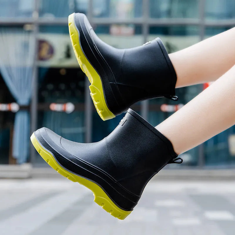 Women's non-slip waterproof rubber shoes, black solid colour, flat heel, low tube design