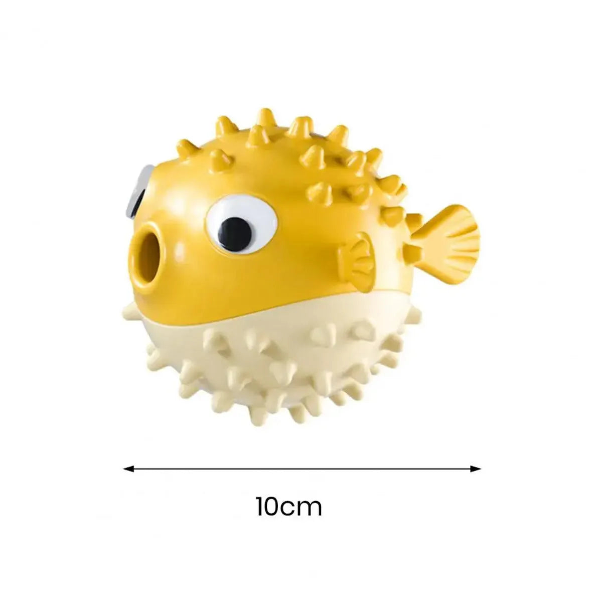 Yellow fish-shaped vinyl dog chew toy with textured surface and squeaker.