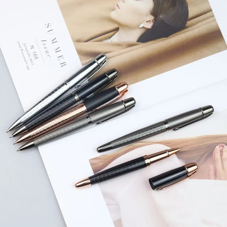 Gun gray metal roller pen with black ink cap, 13.5cm length, on white background