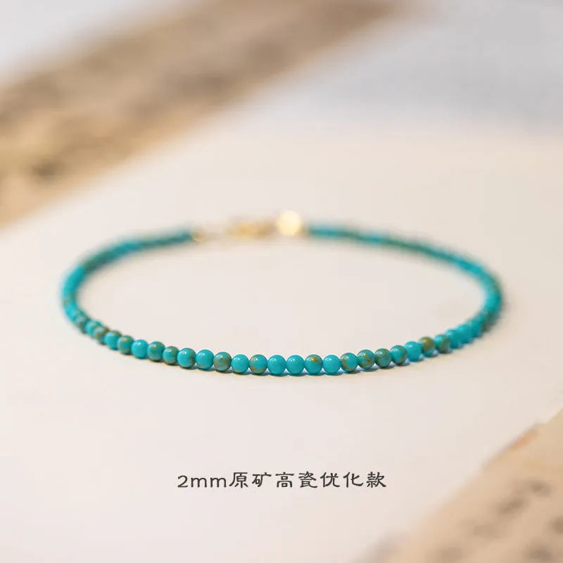 Women's 2mm turquoise natural raw ore bracelet on wrist, 14cm size, geometry shaped beads, unisex Chinese style
