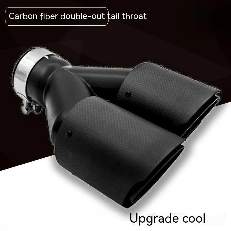 Black carbon fibre car exhaust pipe with double outlet design showing 250mm measurement