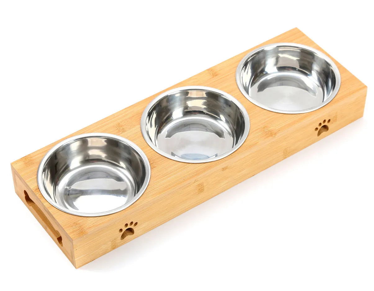 Solid wood pet dining table with stainless steel bowls, bamboo finish, raised feeder for cats and dogs