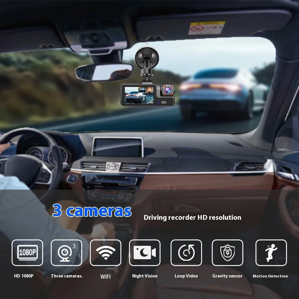 Car dash cam with 2.0-inch screen showing WiFi connectivity and reversing camera function