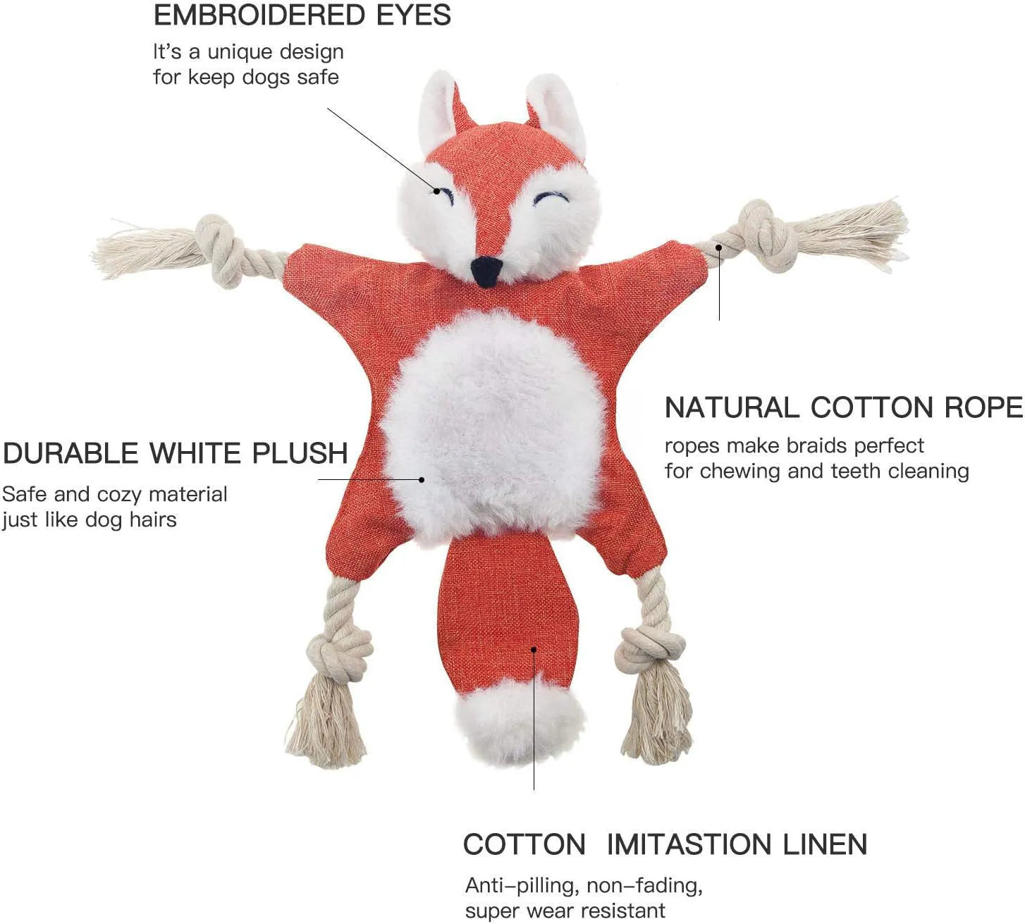 Brown plush fox dog toy with embroidered eyes, cotton rope limbs, and a squeaker in its head.