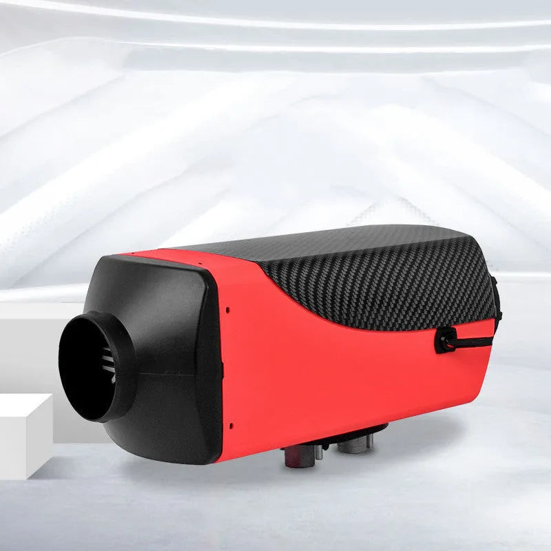 Red and black diesel air heater unit with fuel tank and exhaust components for vehicle installation