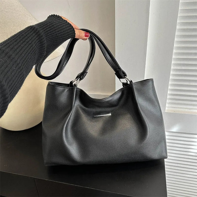 Women's large capacity PU tote shoulder bag in horizontal square shape with double straps, available in four colours