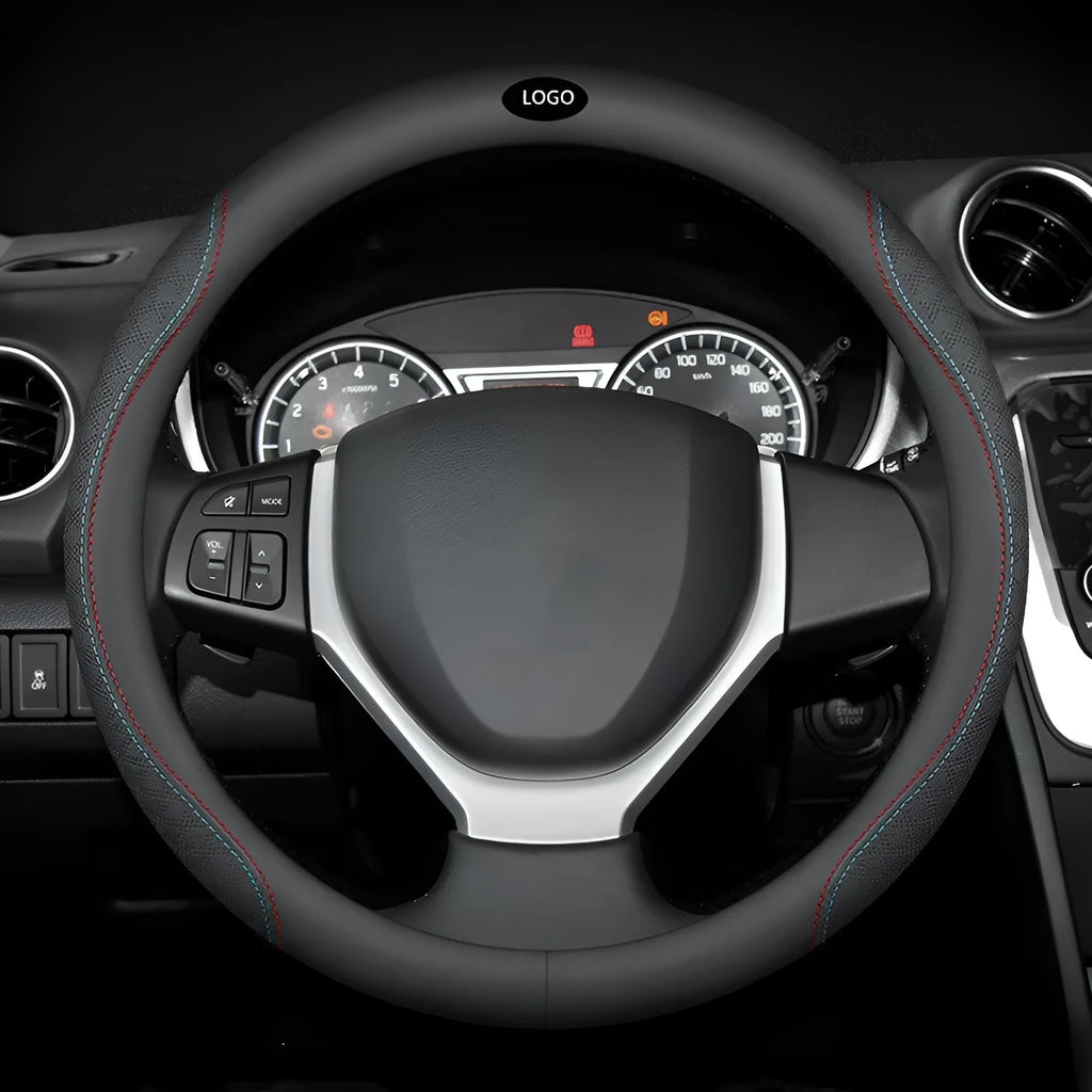 Black two-colour line Napa leather texture steering wheel cover for Suzuki cars, 38cm diameter.