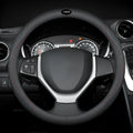 Black two-colour line Napa leather texture steering wheel cover for Suzuki cars, 38cm diameter.