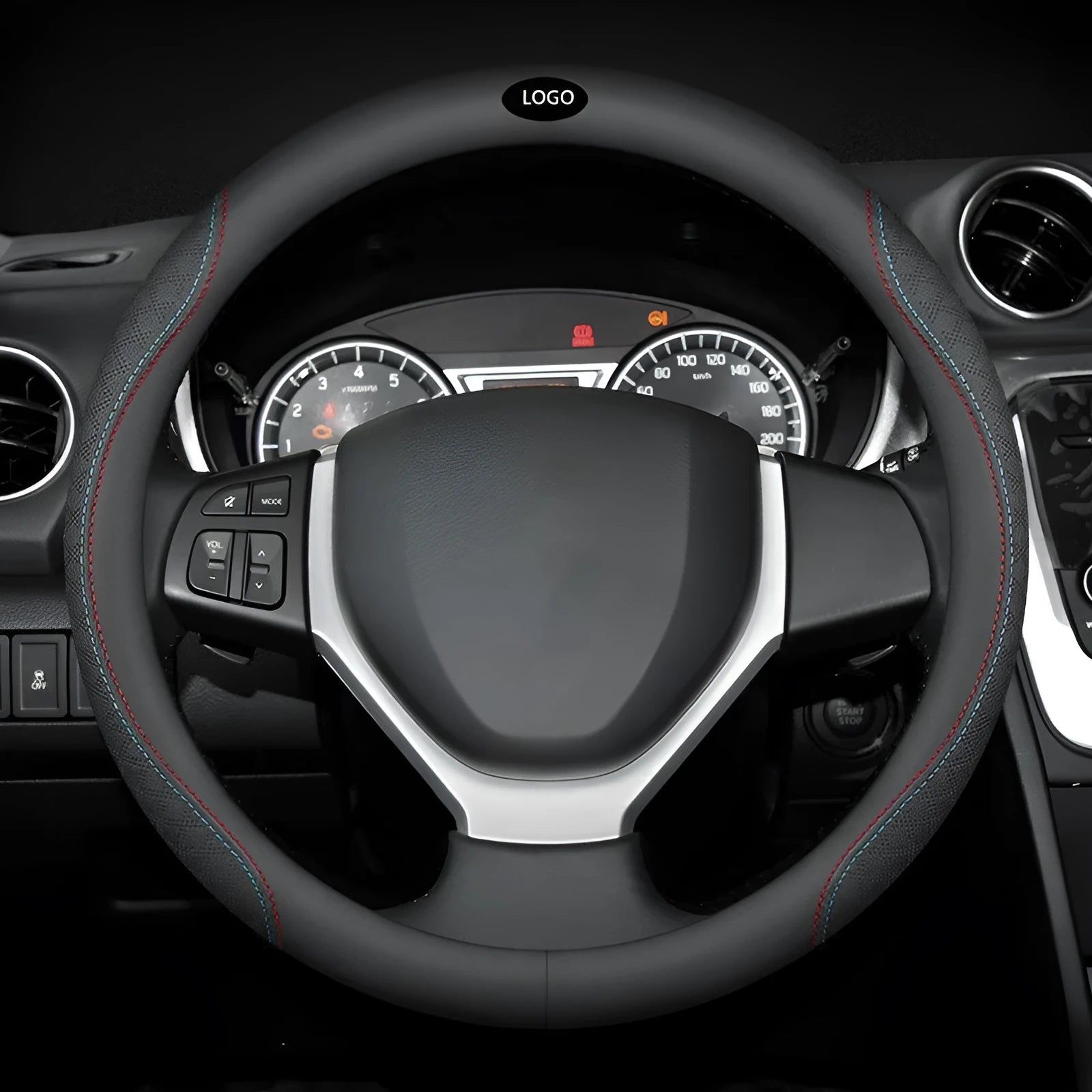 Black two-colour line Napa leather texture steering wheel cover for Suzuki cars, 38cm diameter.