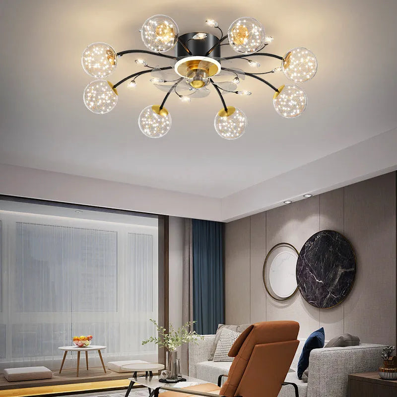 New Nordic Star Fan Lamp: modern ceiling fan with crystal light, iron frame, glass shades, 8-head model