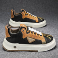Men's beige casual sneakers with elastic band fastening and leather stitching detail