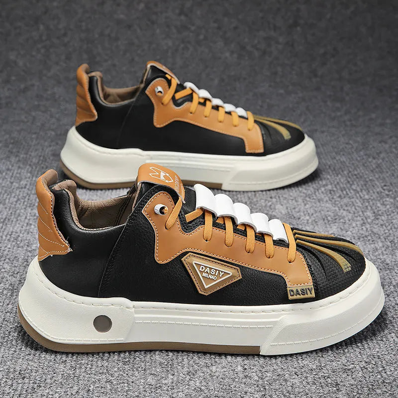 Men's beige casual sneakers with elastic band fastening and leather stitching detail