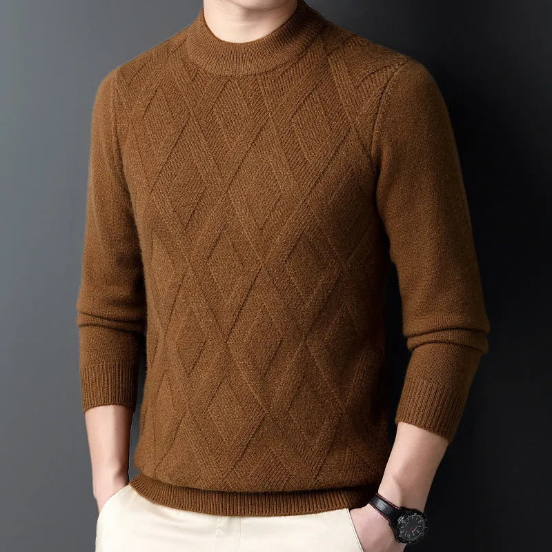 Men's thick wool blend diamond jacquard sweater in light camel colour showing texture detail