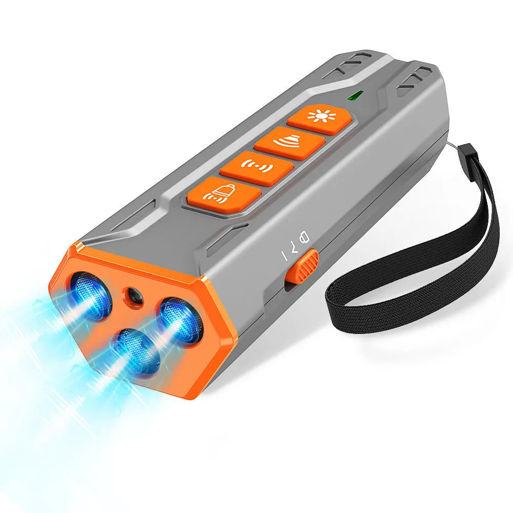 Ultrasonic dog trainer with three head design in grey orange and black orange colour options