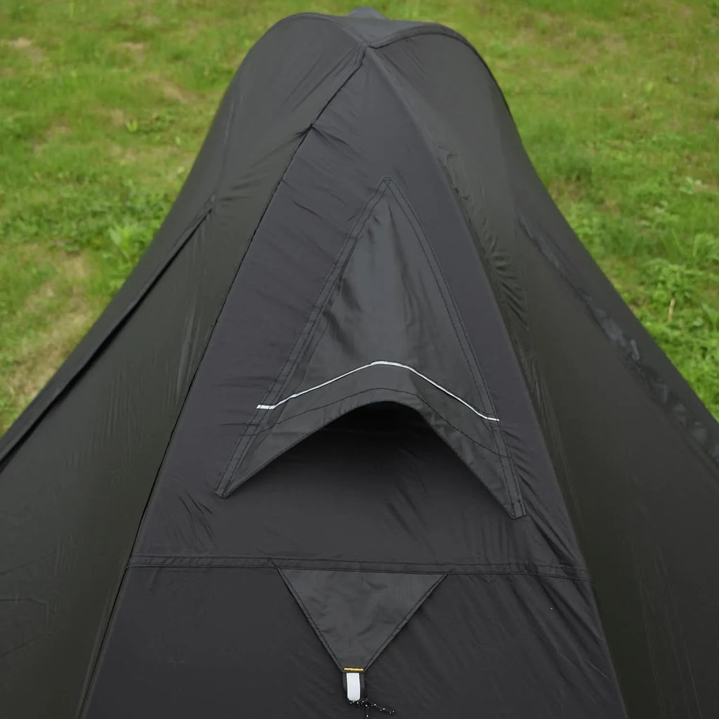 Single person hiking tent with aluminum poles in red, shown with double layer design and mesh ventilation panel.
