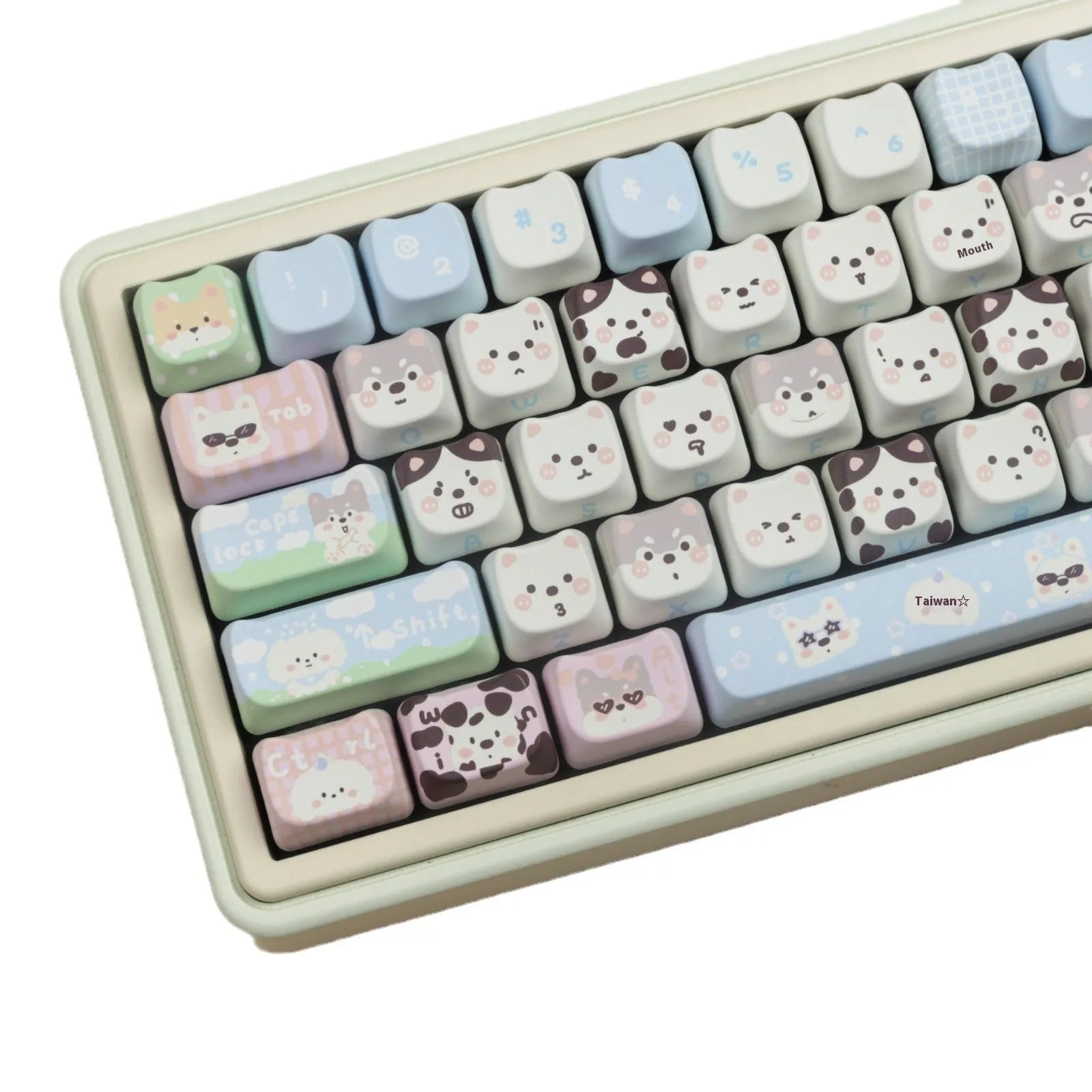 Cute puppy themed 26-key PBT plastic key cap set for mechanical keyboards with sublimated artwork
