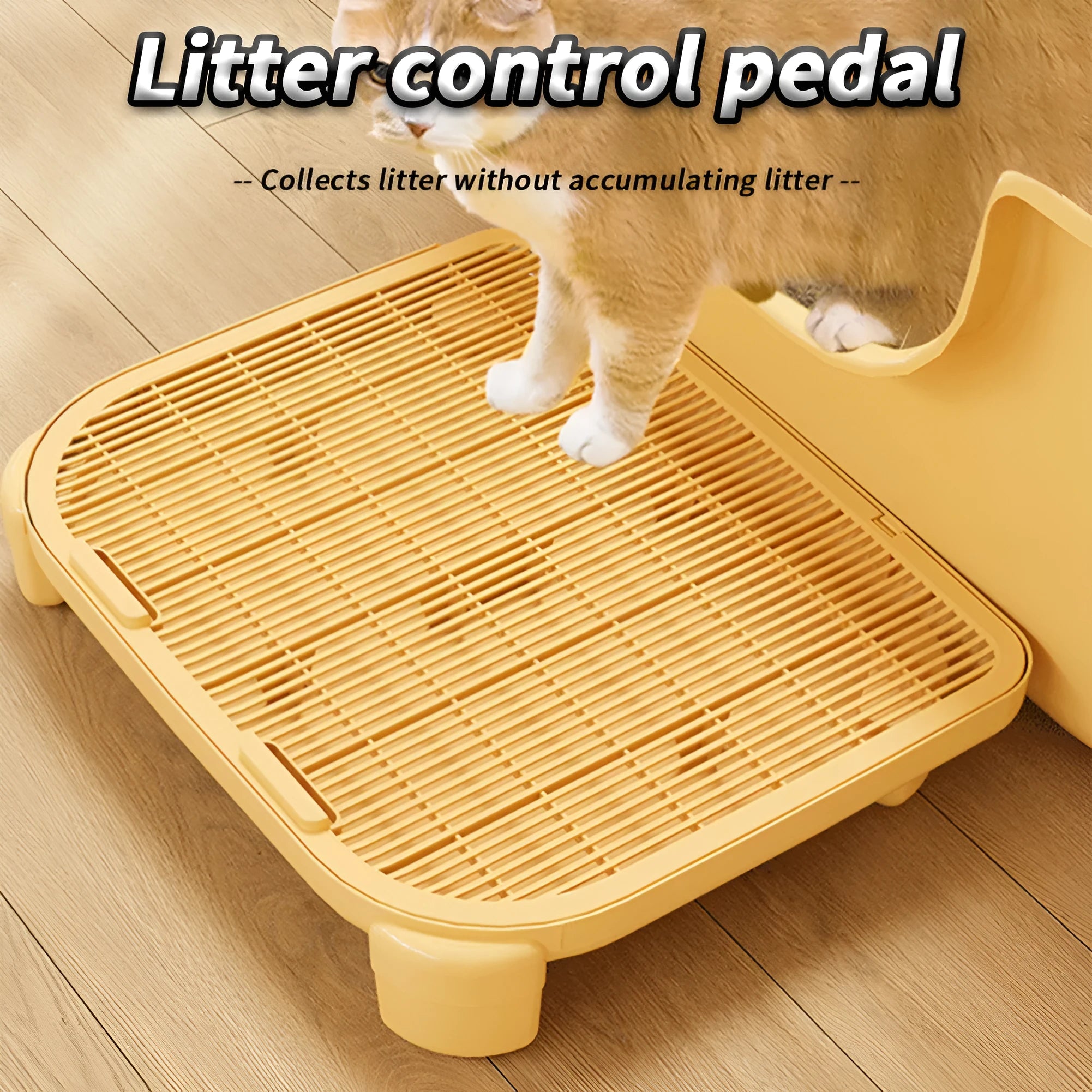 Cat litter mat in milk yellow, plastic construction with raised pattern and anti-slip feet, size 40x40.5x9cm