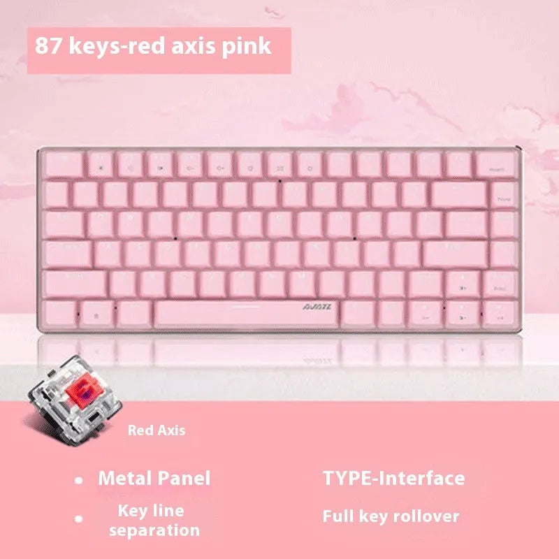Pink and white 82 key mechanical keyboard with white backlight on a desk