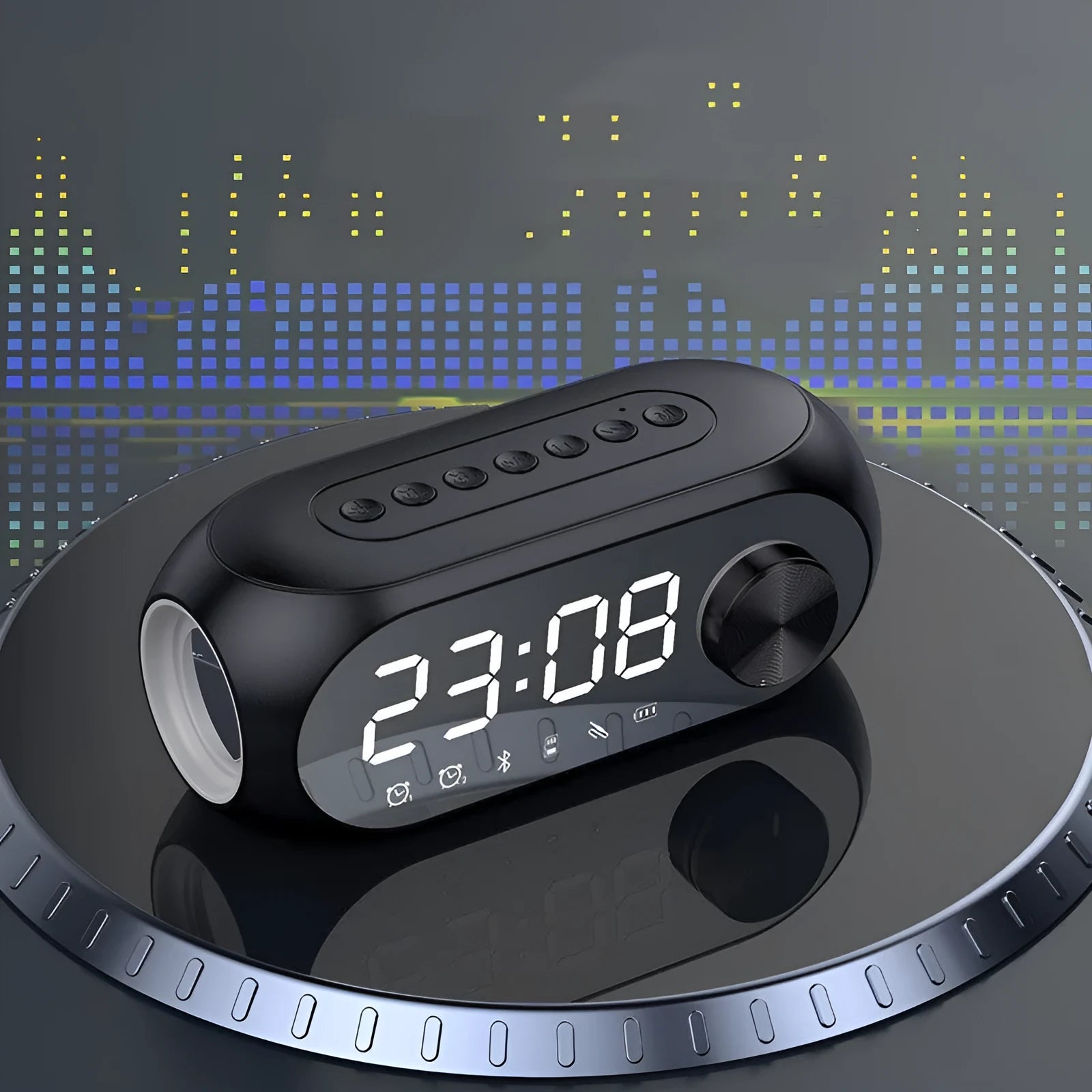 Extra Bass Portable Mini Clock Speaker in S8 Black colour on a desk with USB cable.