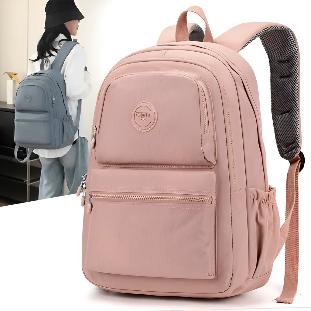 Women's large capacity multi-layer nylon travel backpack in light blue purple with zippered compartments