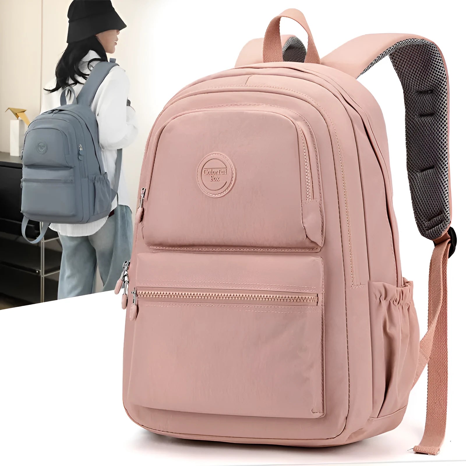Women's large capacity multi-layer nylon travel backpack in light blue purple with zippered compartments