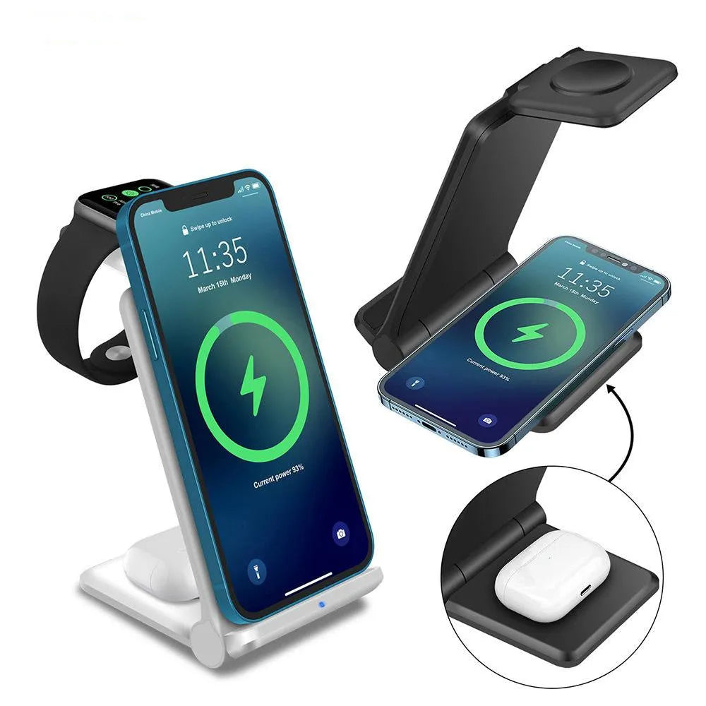 White foldable 3-in-1 wireless charging station dock for iPhone, Samsung phone, Apple Watch, and AirPods.
