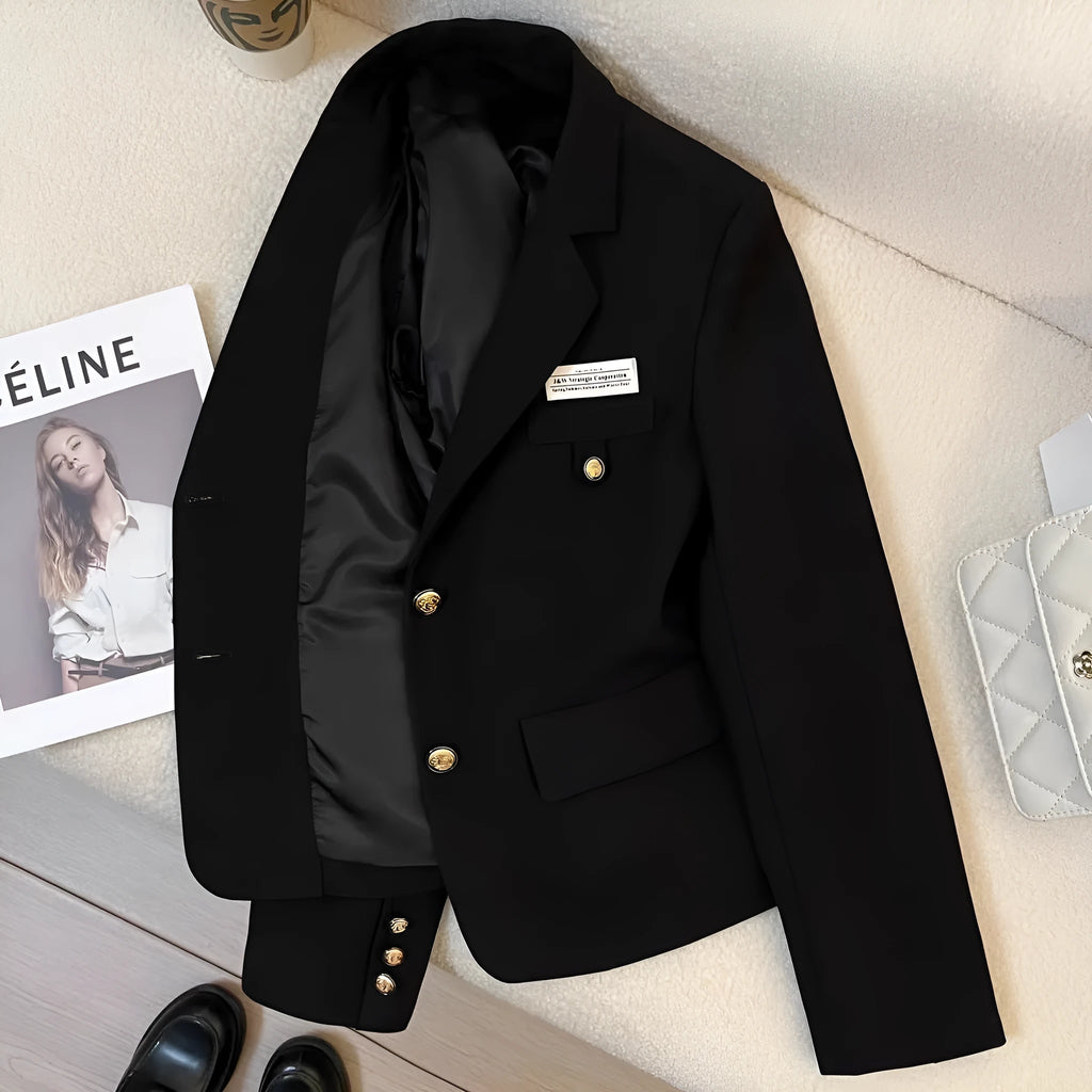 Women's black polyester short suit coat with loose fit and hip-length design