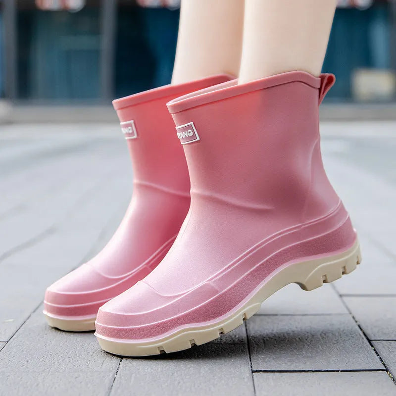 Women's non-slip waterproof rubber shoes, black solid colour, flat heel, low tube design