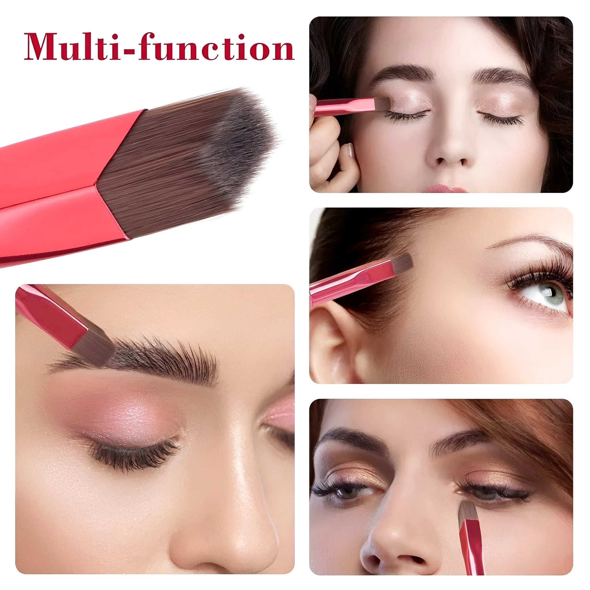 Square angled eyebrow stamp brush with black handle and synthetic bristles for filling brows and applying concealer