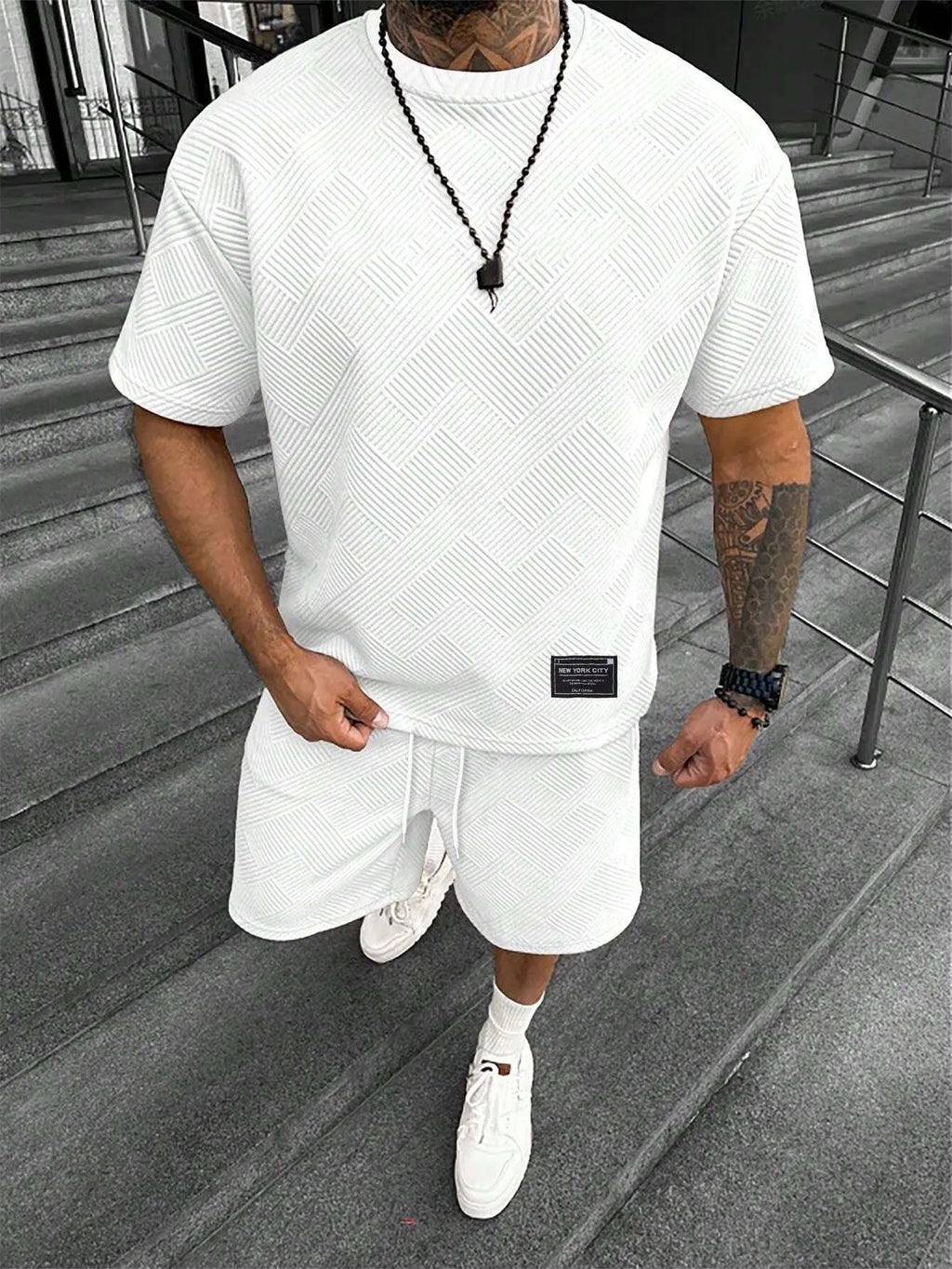 Men's short sleeve shorts suit with printed pattern, polyester fabric, in multiple colours and sizes