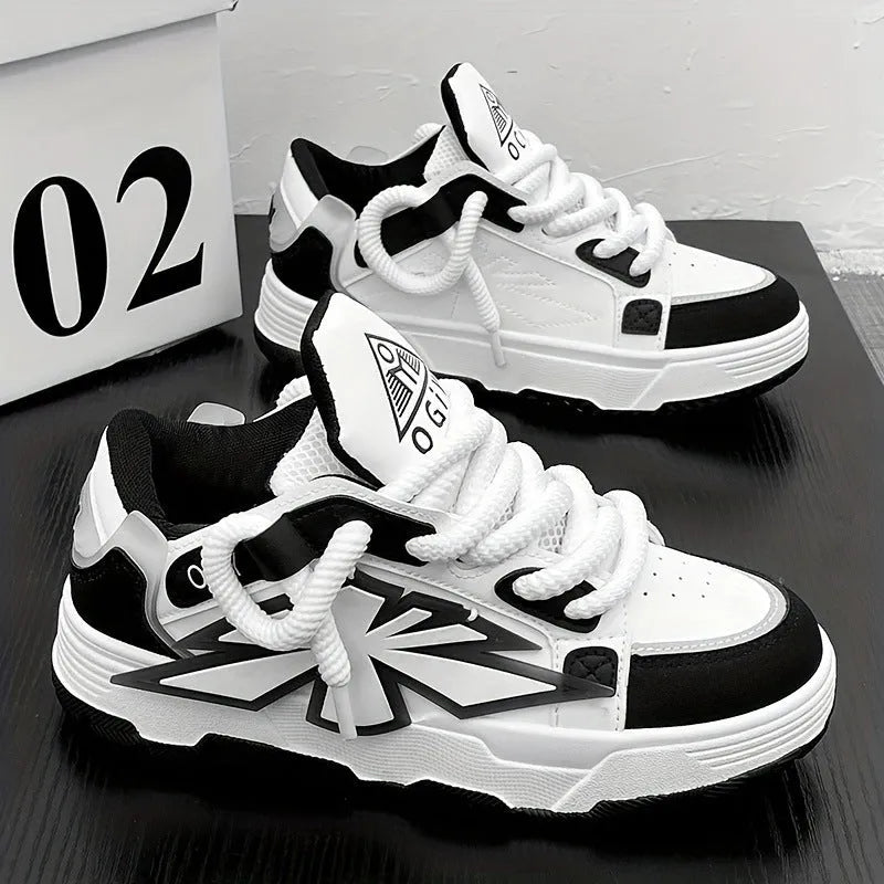 Men's white chunky platform sneakers with thick rubber sole and cartoon pattern on synthetic leather upper.