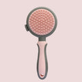 Green dual-sided pet grooming brush showing retractable slicker brush on one side and silicone massage head on other side