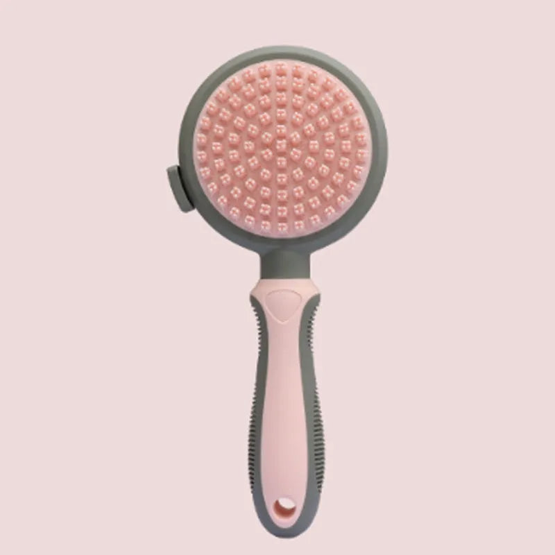 Green dual-sided pet grooming brush showing retractable slicker brush on one side and silicone massage head on other side