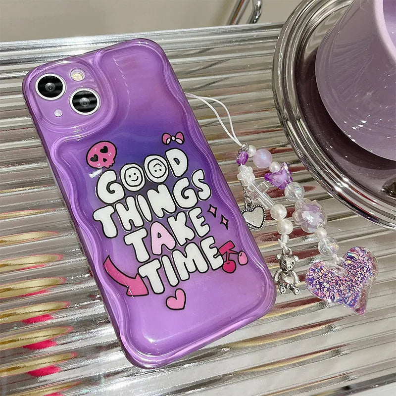 Purple graffiti English love chain phone case with pendant for iPhone 14, TPU soft shell full edge coverage