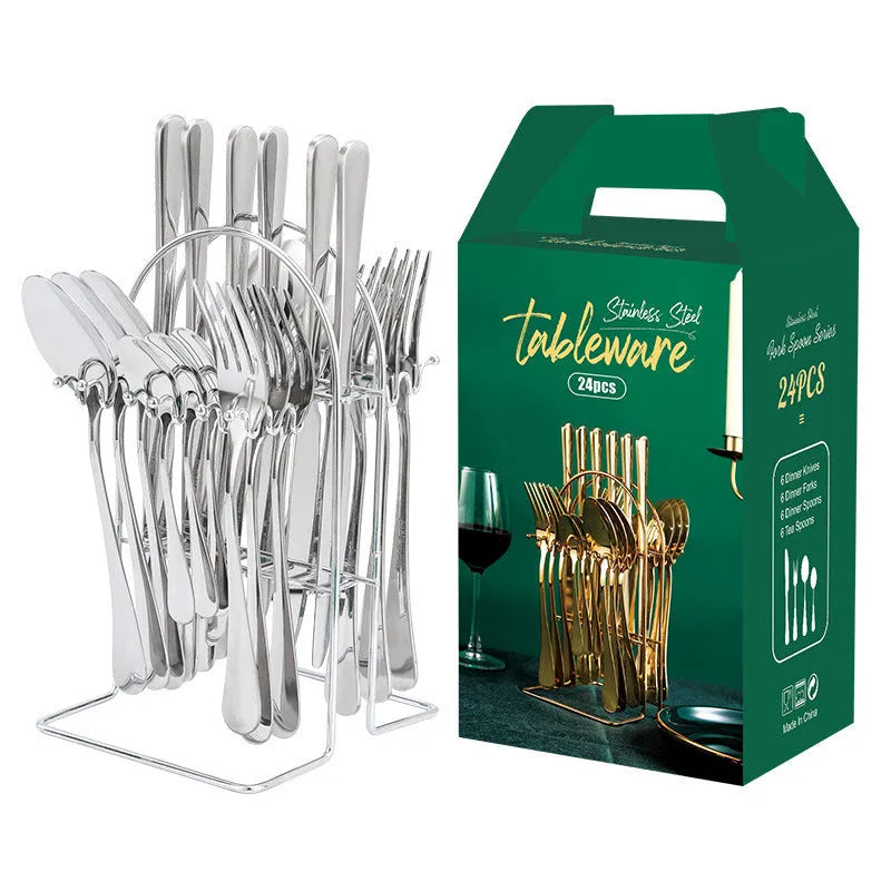 24-piece gold stainless steel dinnerware set with storage rack including knives forks spoons teaspoons