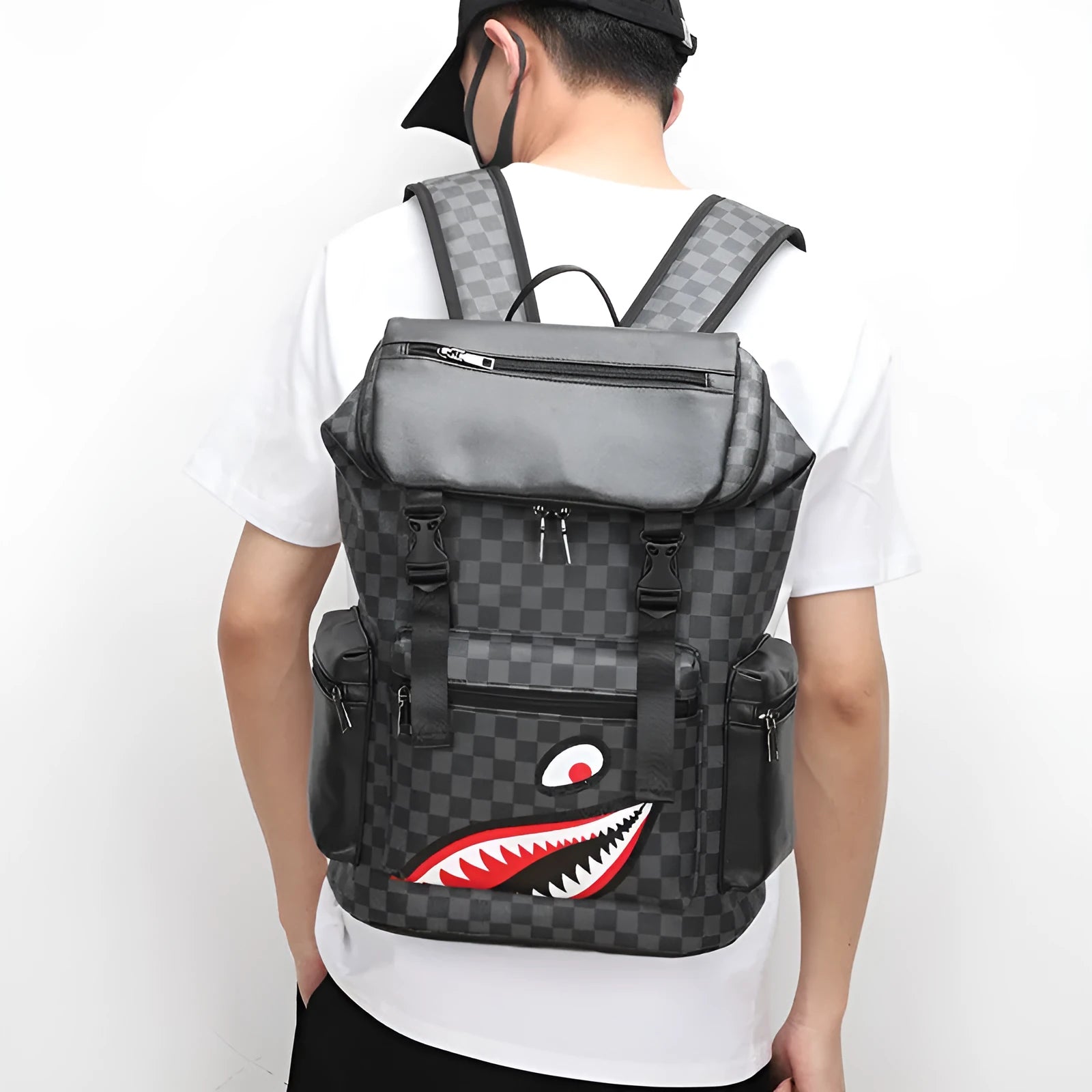 Korean casual checkered printed large capacity PU leather backpack with curved shoulder straps