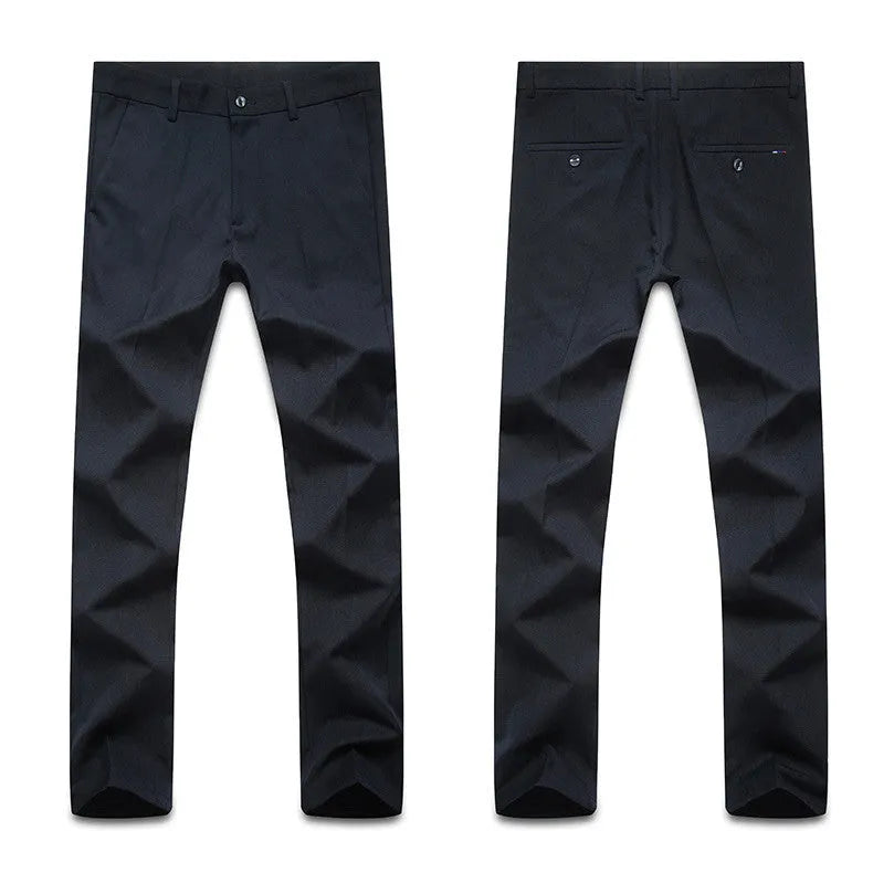 Men's cotton straight leg casual trousers in black, dark blue, and grey, waist sizes 28-42
