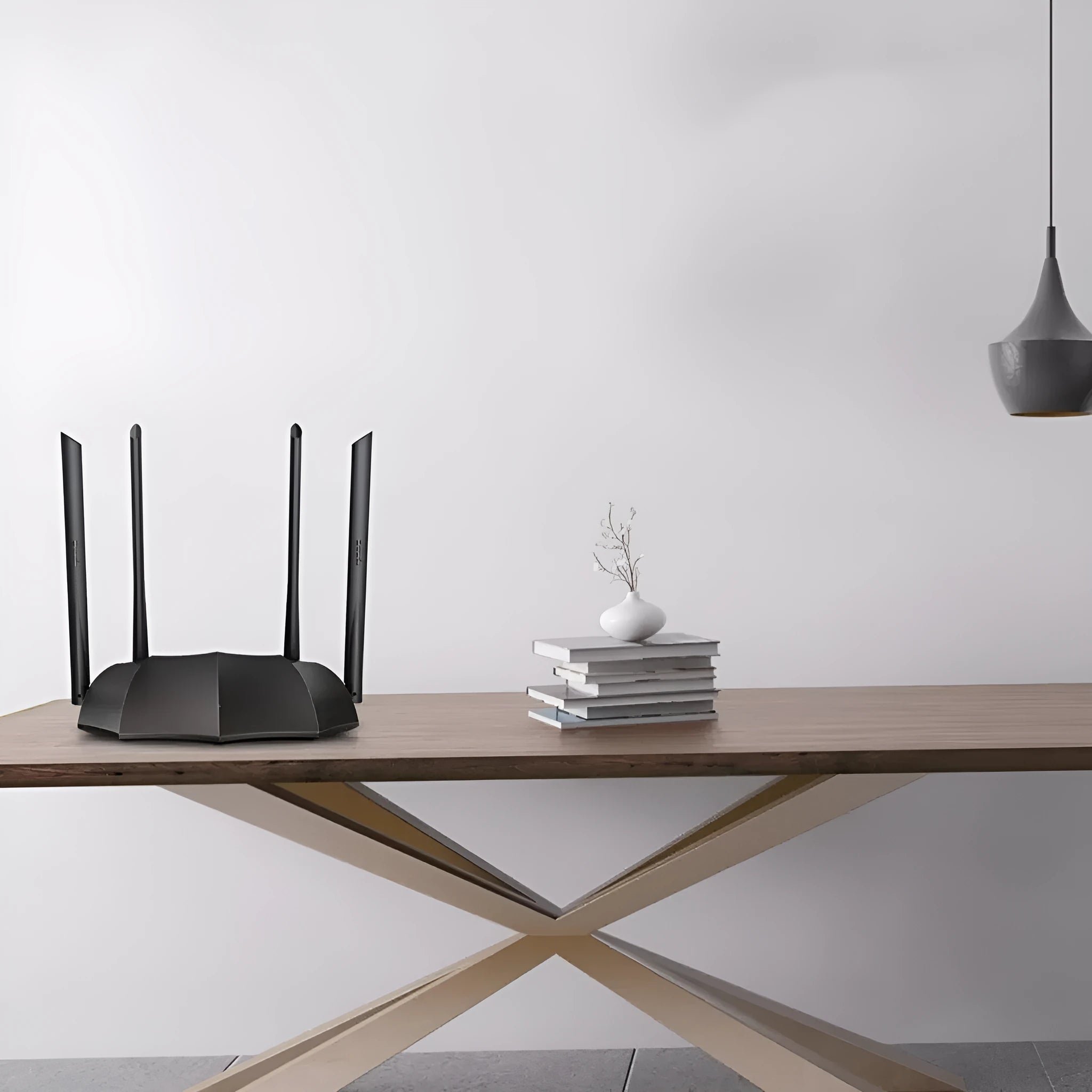 AC8 dual-band wireless gigabit router showing front panel with indicator lights and connection ports