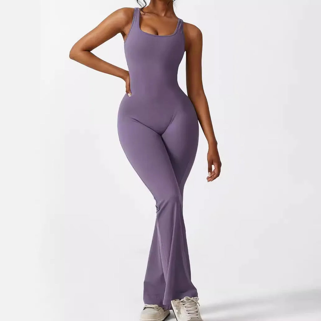 Women's sleeveless flare jumpsuit for yoga and fitness in high elasticity polyester fabric