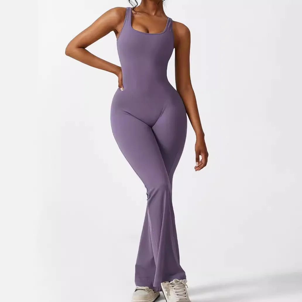 Women's sleeveless flare jumpsuit for yoga and fitness in high elasticity polyester fabric