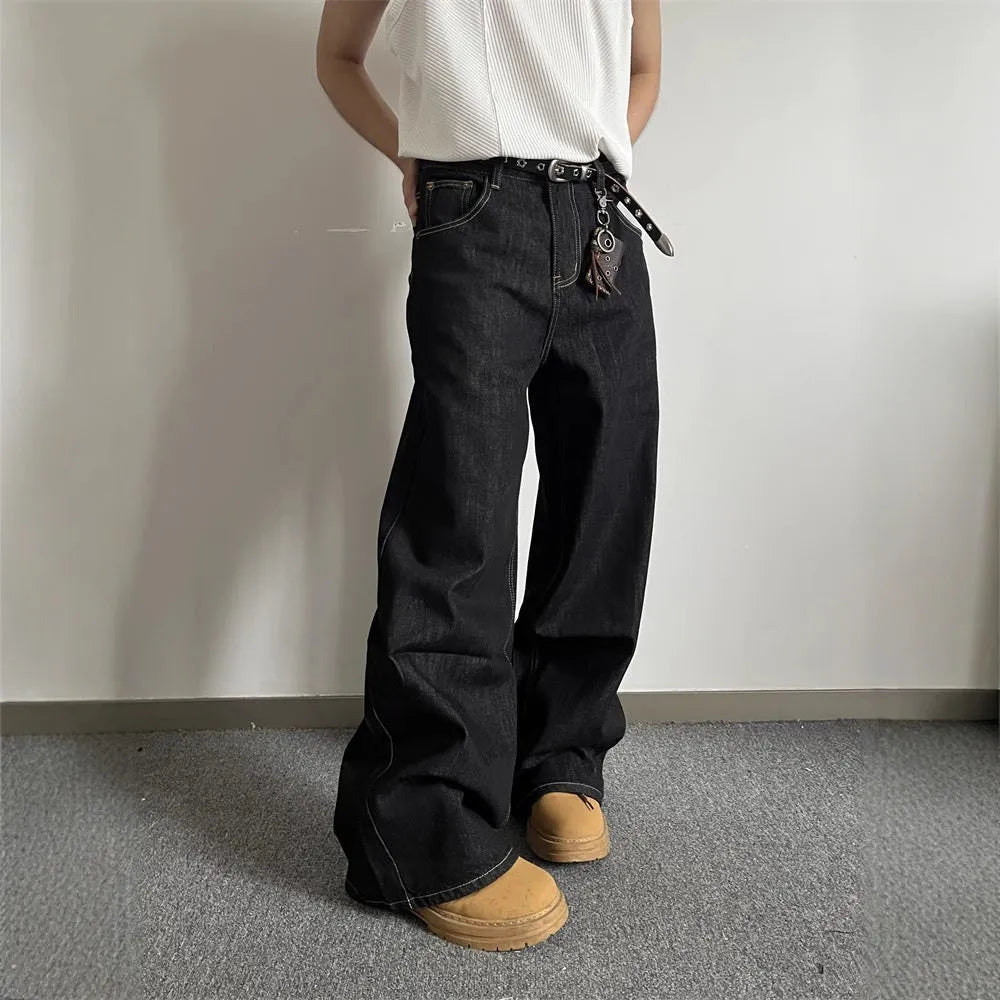 Black retro loose wide-leg straight-leg jeans with mid-waist and zip fly