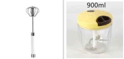 Semi-automatic stainless steel egg beater whisk with hand pressure rotating handle, silvery colour, on white background