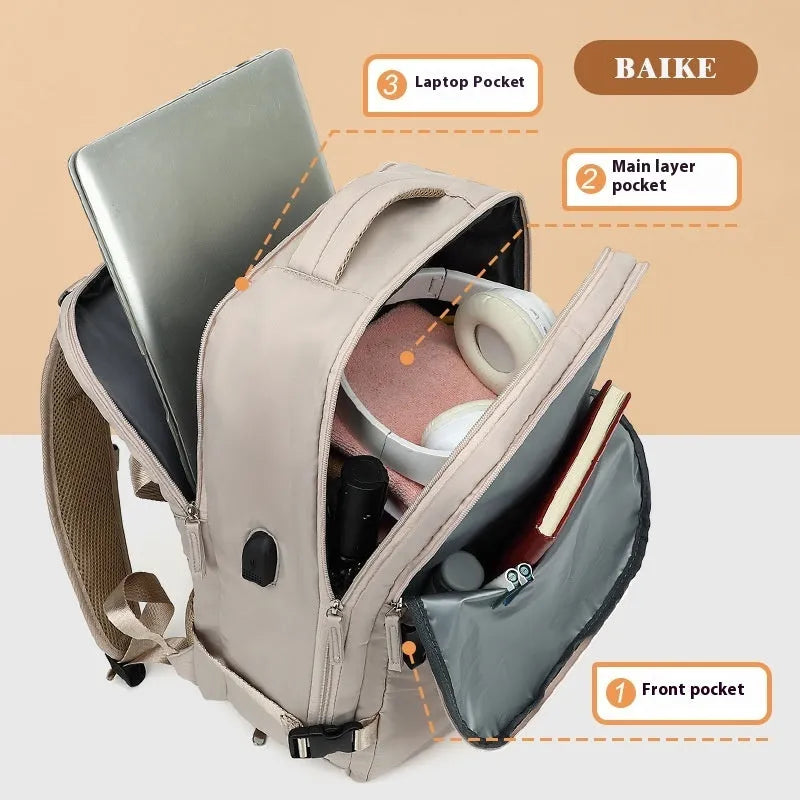 Women's large capacity grey waterproof Oxford cloth travel backpack with curved shoulder straps
