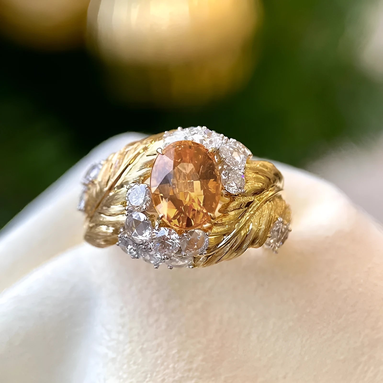 Yellow gold colour women's ring with an embossed feather design and a small inlaid zircon stone.
