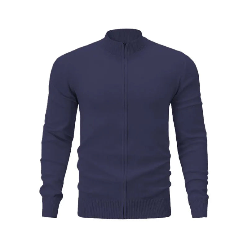 Men's grey zip-up stand collar casual sweater on a hanger