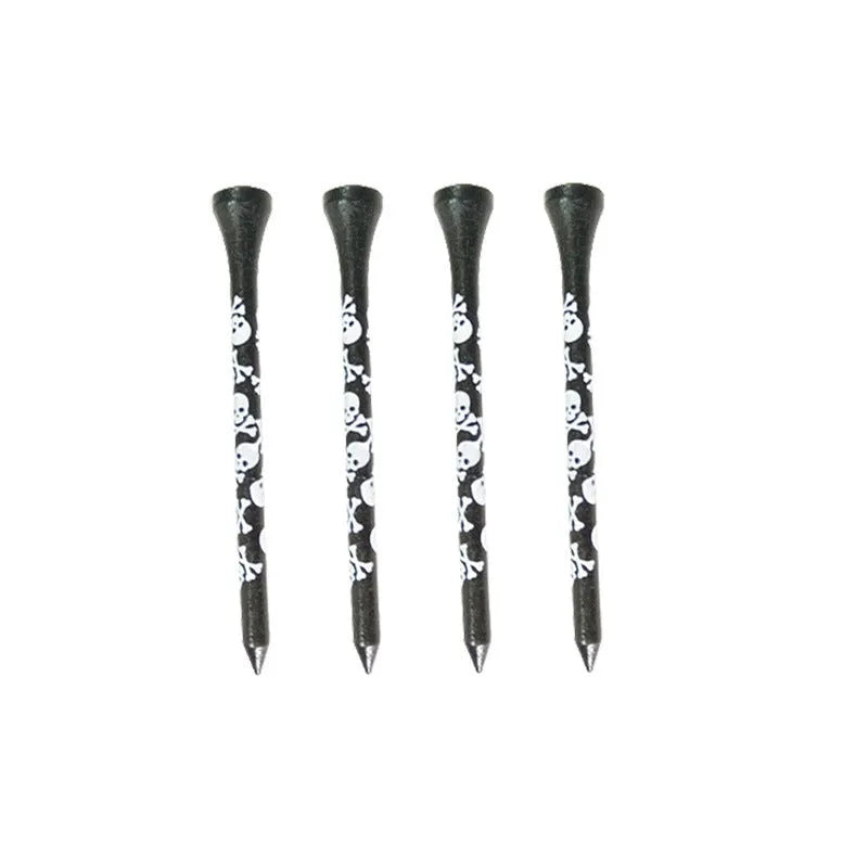 Ten bamboo dowel pins for golf spikes in two lengths with black skull print.