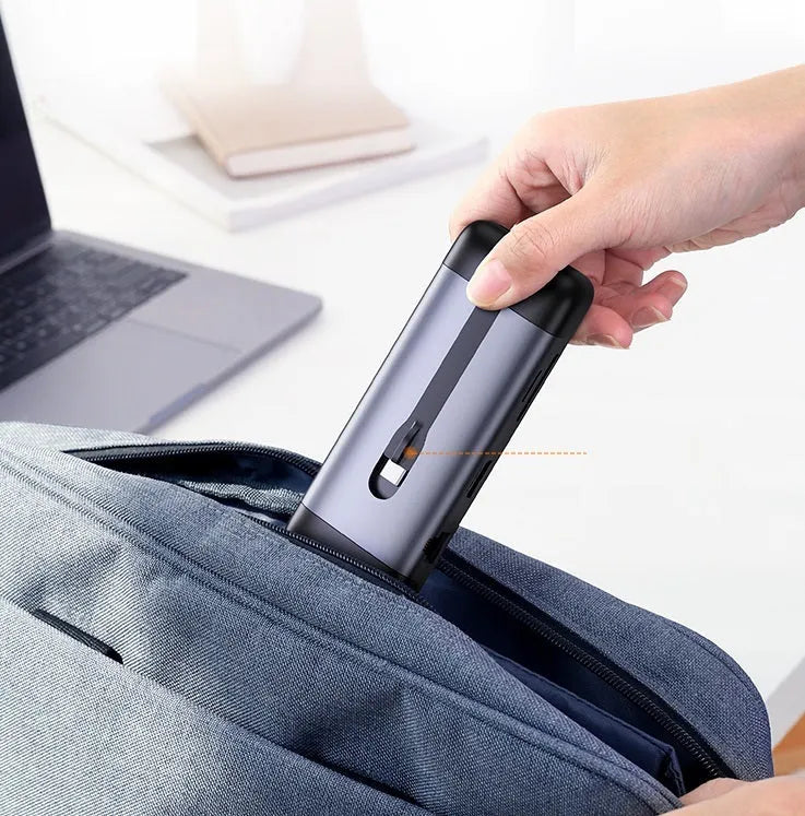 USB-C to multi-port hub adapter with HDMI, USB 3.0, PD charging, Ethernet, VGA, and card reader ports on a 9cm cable.