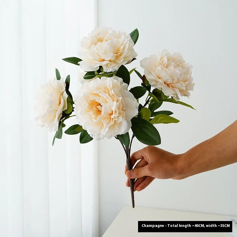 Artificial 5-head peony silk bouquet 40cm in light champagne colour for wedding decor