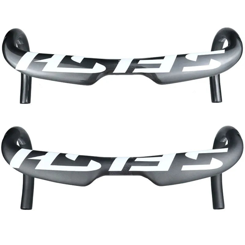 Carbon fibre road bike drop handlebar in black light finish with 31.8mm clamp and internal cable routing ports